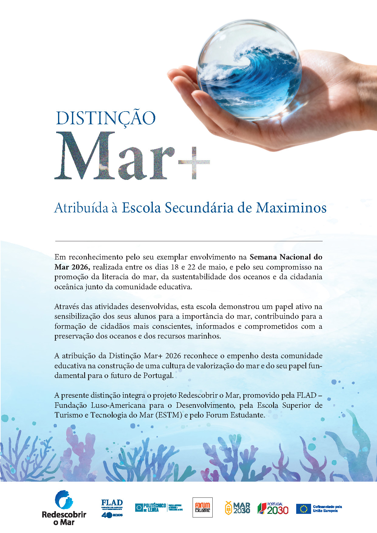Escola Secundária de Maximinos distinguida com a Distinção Mar+ 2026